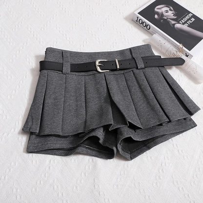 Kimotimo Womens Shorts Autumn Winter Belt High Waist Fluffy Pleated A-line Short Pants Korean Fashion Sexy Y2k All Match Clothes