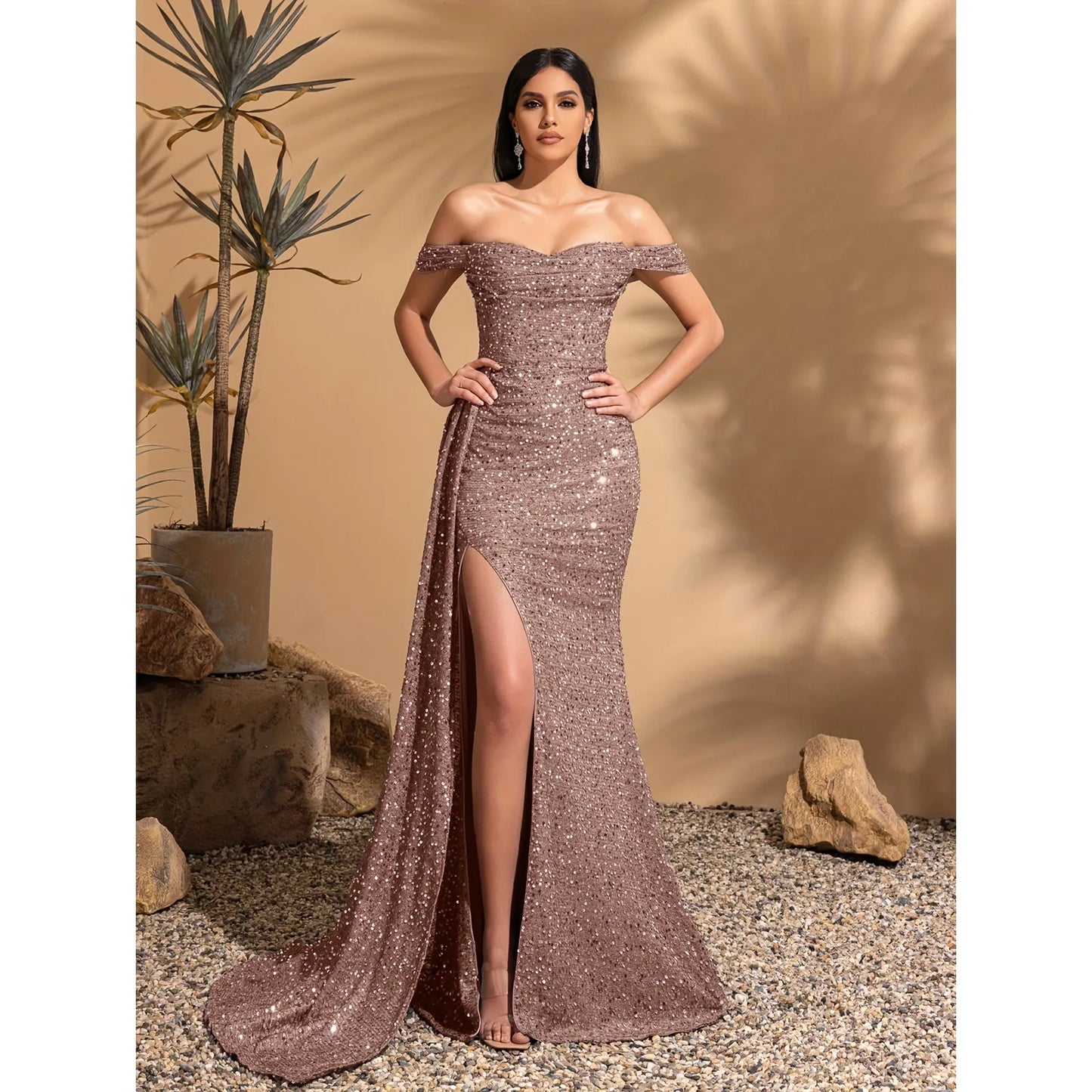 Elegant off-the-shoulder pleated side-skirt party dress