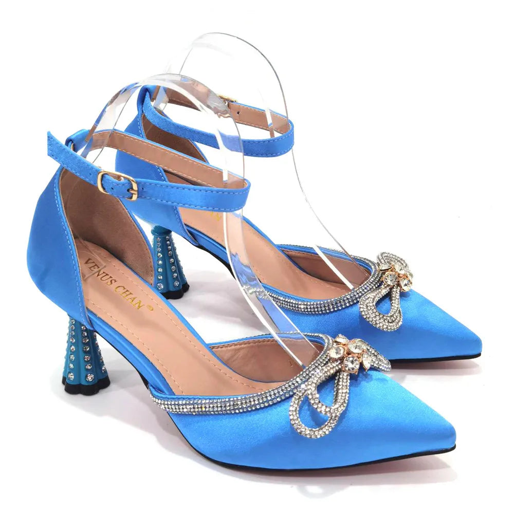 Ladies Pointed-Toe Party High Heels Magenta Colour Bow Rhinestone Stereo Bag Evening  African Wedding Shoe And Bag Set
