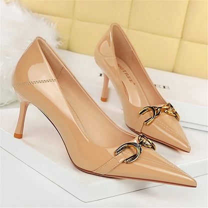 Women 7cm 10cm High Heels Wedding Bridal Replica Pumps Lady Scarpins Metal Chain Buckle Low Heels Stiletto Nude Green Prom Shoes