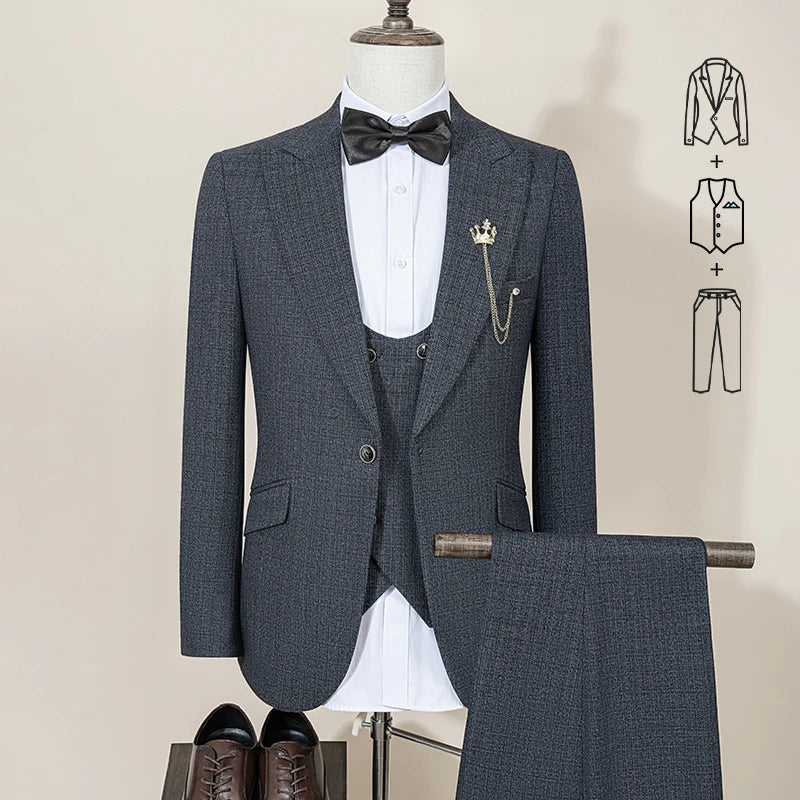 Black Men suit 3 piece set  gray elegant slim fit formal office and leisure banquet groomsman set groom's wedding dress