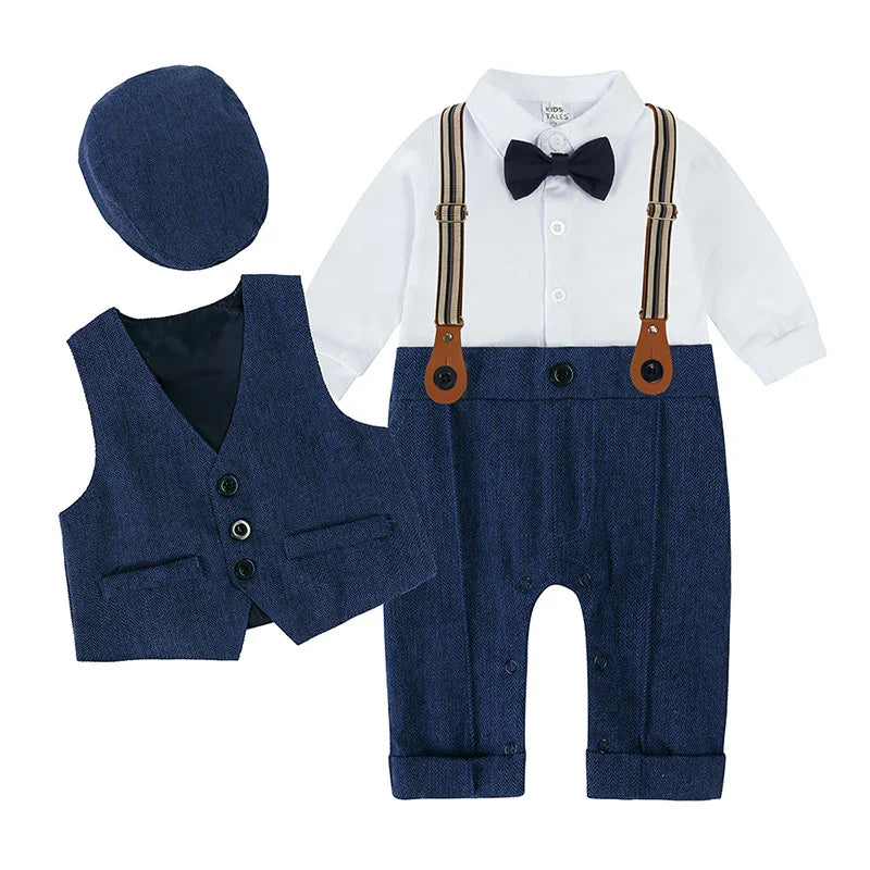 Toddler Gentleman Infant Baby Children Boys Clothes Set 3 Pcs Shirt Bow Tie Romper+Vest+Hat Newborn Dress Party Outfits Suit