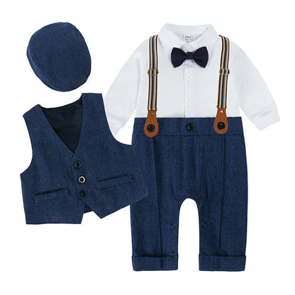 Toddler Gentleman Infant Baby Children Boys Clothes Set 3 Pcs Shirt Bow Tie Romper+Vest+Hat Newborn Dress Party Outfits Suit