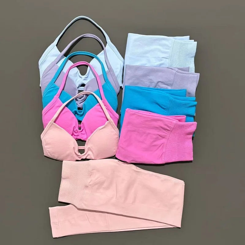 2 Piece Sports Set Women Yoga Backless Halter Bra High Waist Scrunch Seamless Pants Sport Suit Gym Sportswear Workout Set
