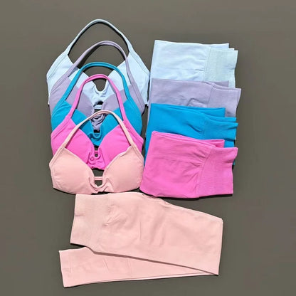 2 Piece Sports Set Women Yoga Backless Halter Bra High Waist Scrunch Seamless Pants Sport Suit Gym Sportswear Workout Set