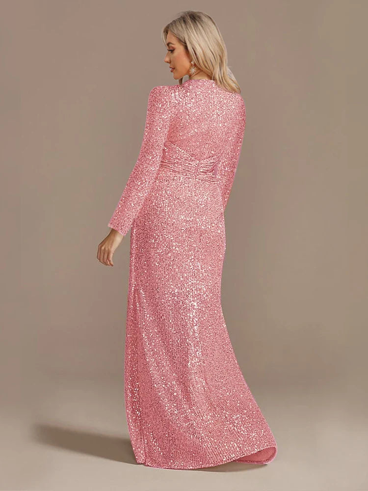 Luxury Long Sleeves V-Neck Sequins Evening Dresses Elegant Wedding Party Women Guests Prom Cocktail Gowns