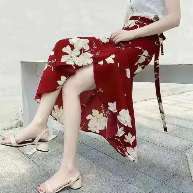 2025 New Women's One-Piece Floral Print Skirt High Waist Wrap Chiffon Beach Dress with Tie Waist Summer Vacation Boho Style