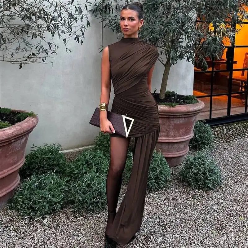 Summer Draped Ruched Sexy Mini Dress Women 2025 New Irregular High Waist Slim Fit Dress Female Elegant Club Tank Dress