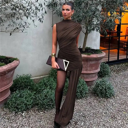Summer Draped Ruched Sexy Mini Dress Women 2025 New Irregular High Waist Slim Fit Dress Female Elegant Club Tank Dress