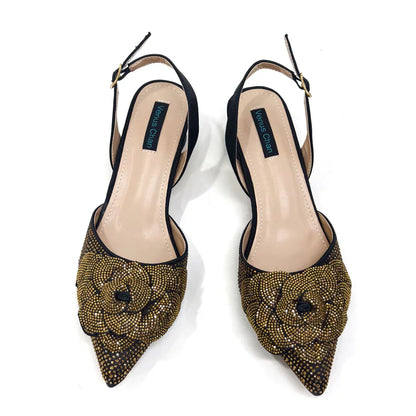 Evening Shoes and Bags Set with Full Diamond Handmade Petal Clutches Pointed Toe Peach Color Mid-Heel Women Shoes