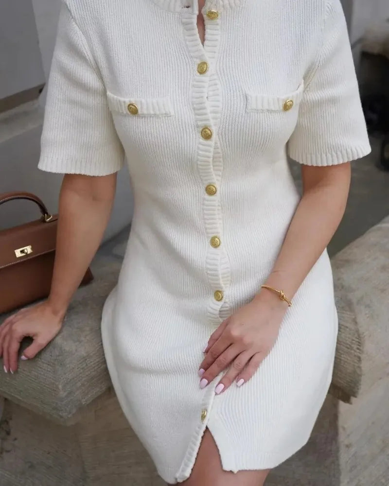Elegant Knit Mini Dress Women Street Slim High Waist Short Sleeve Rib Sweater Dresses Vacation Bodycon Knitwear Dress