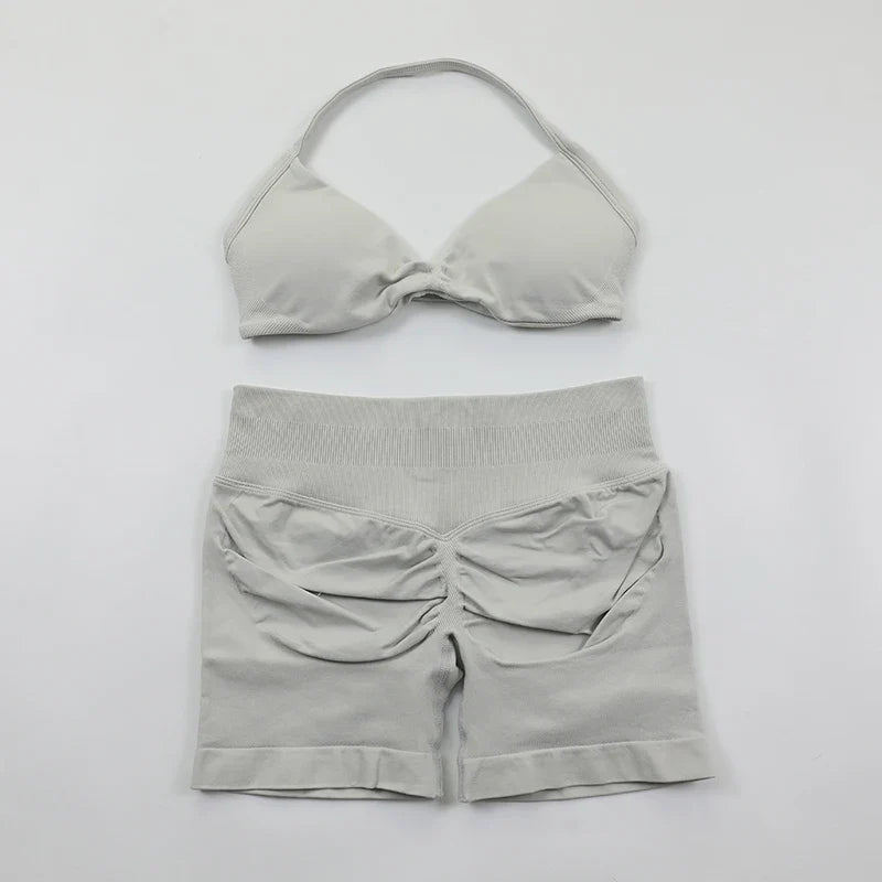 Scrunch Seamless Yoga Set Women Sportswear Ribbed Gym Shorts Strappy Sports Bra 2 Piece Set Halter Workout Clothes Fitness Suit
