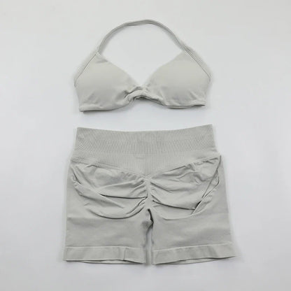 Scrunch Seamless Yoga Set Women Sportswear Ribbed Gym Shorts Strappy Sports Bra 2 Piece Set Halter Workout Clothes Fitness Suit