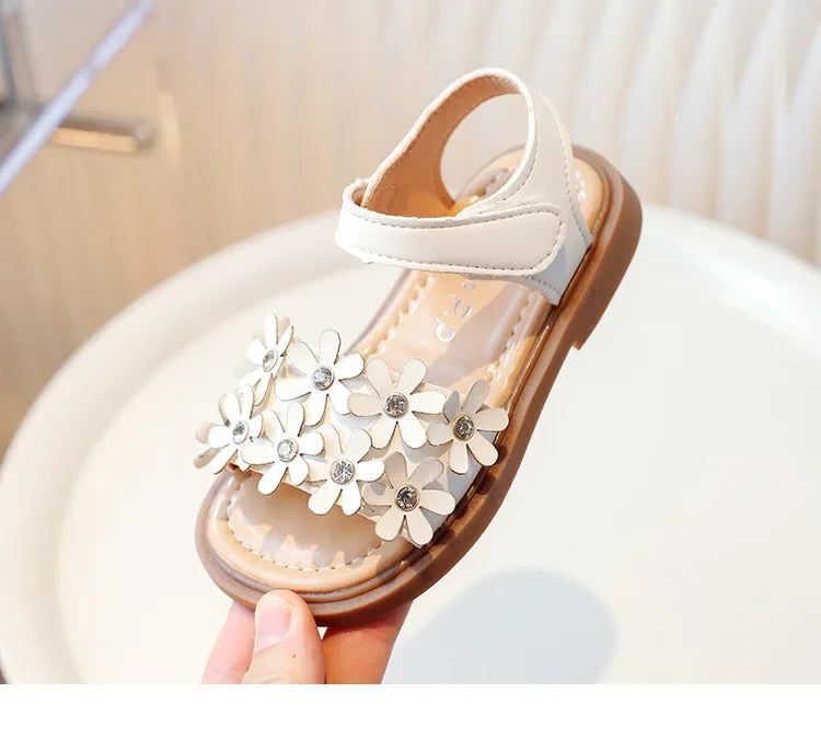 Little Girls Floral Bohemian Sandals with Beads Princess Sweet Kids Summer Shoes Open Toes Anti-skid Size 22-31Hook & Loop Cute