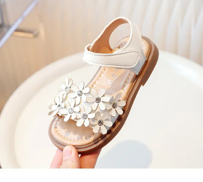 Little Girls Floral Bohemian Sandals with Beads Princess Sweet Kids Summer Shoes Open Toes Anti-skid Size 22-31Hook & Loop Cute