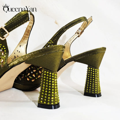 Elegant Women's Peep-Toe Heels and Matching Olive Color Diamond Pumps Set Stylish Italian Shoes and Bags for Parties