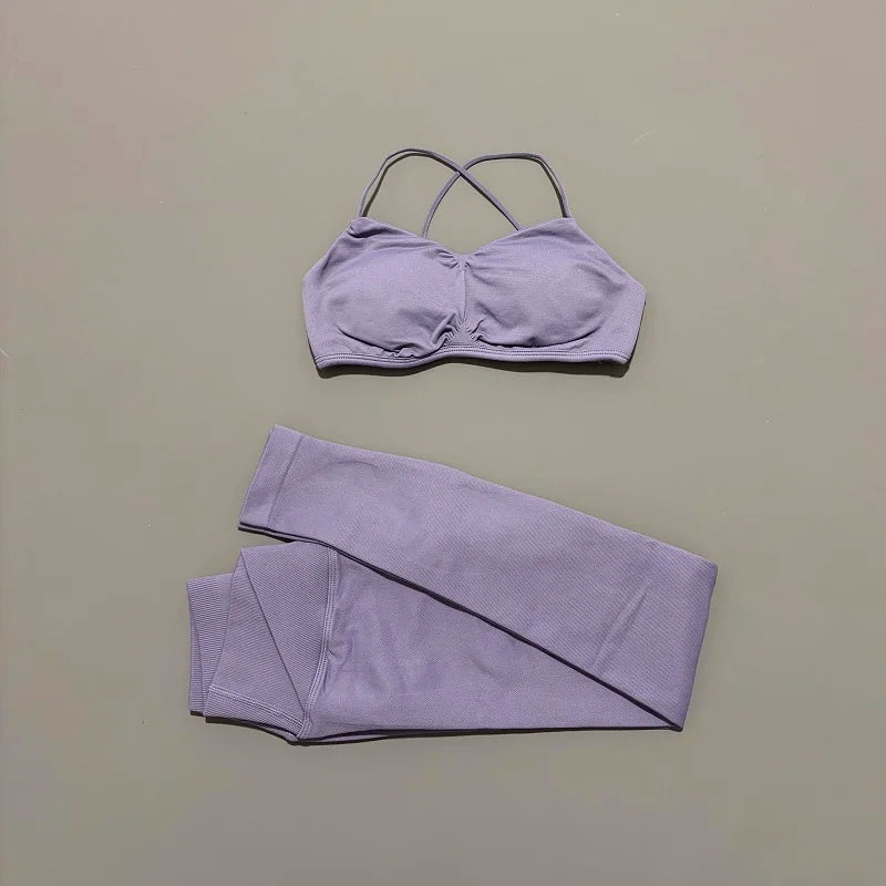 2 Piece Vision Sports Set Summer New Yoga Clothes Women Tracksuit Athletic Cross Backless Yoga Top Leggings Pilates Fitness Set