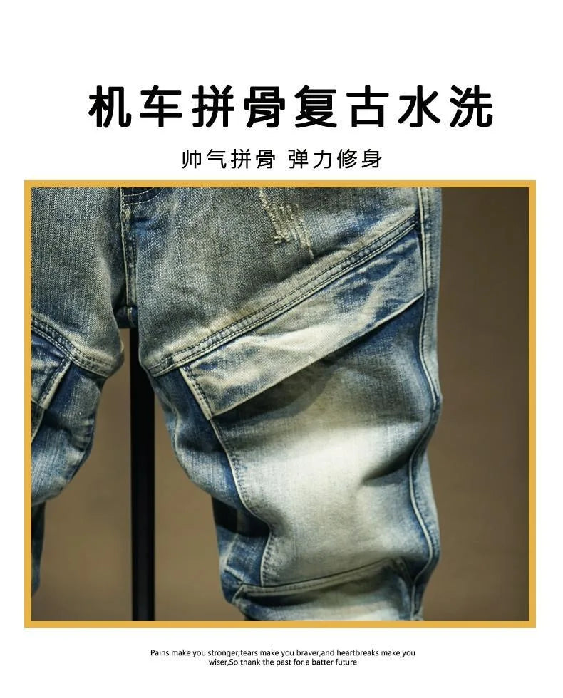 2024 Spring and Autumn New Fashion Trend Solid Color Retro Motorcycle Jeans Men's Casual Loose Comfortable Straight Leg Pants