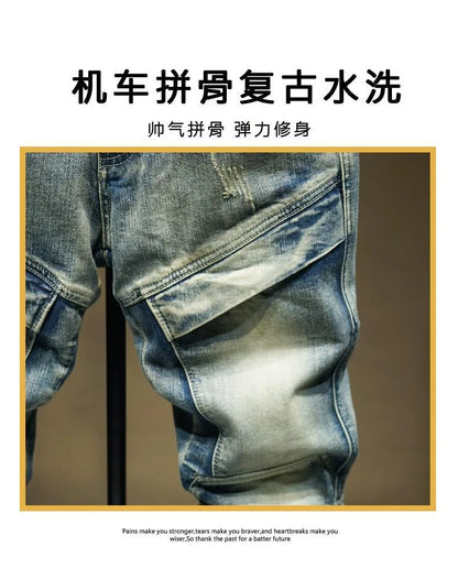 2024 Spring and Autumn New Fashion Trend Solid Color Retro Motorcycle Jeans Men's Casual Loose Comfortable Straight Leg Pants