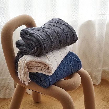 Khaki Gift Knitted Blanket with Tassels Chunky Vintage Luxury Farmhouse Throw Bedspread Oversized Blanket Cover Manta Para Sofá