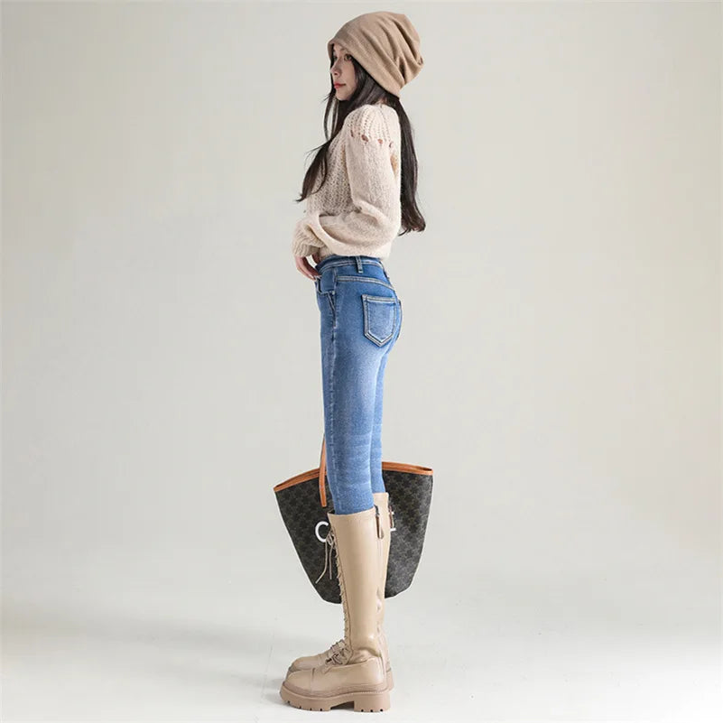 Women Thermal Jeans Winter Snow Warm Plush Stretch Jeans Lady Skinny Thicken Fleece Denim Long Pants Retro Blue Pencil Trousers
