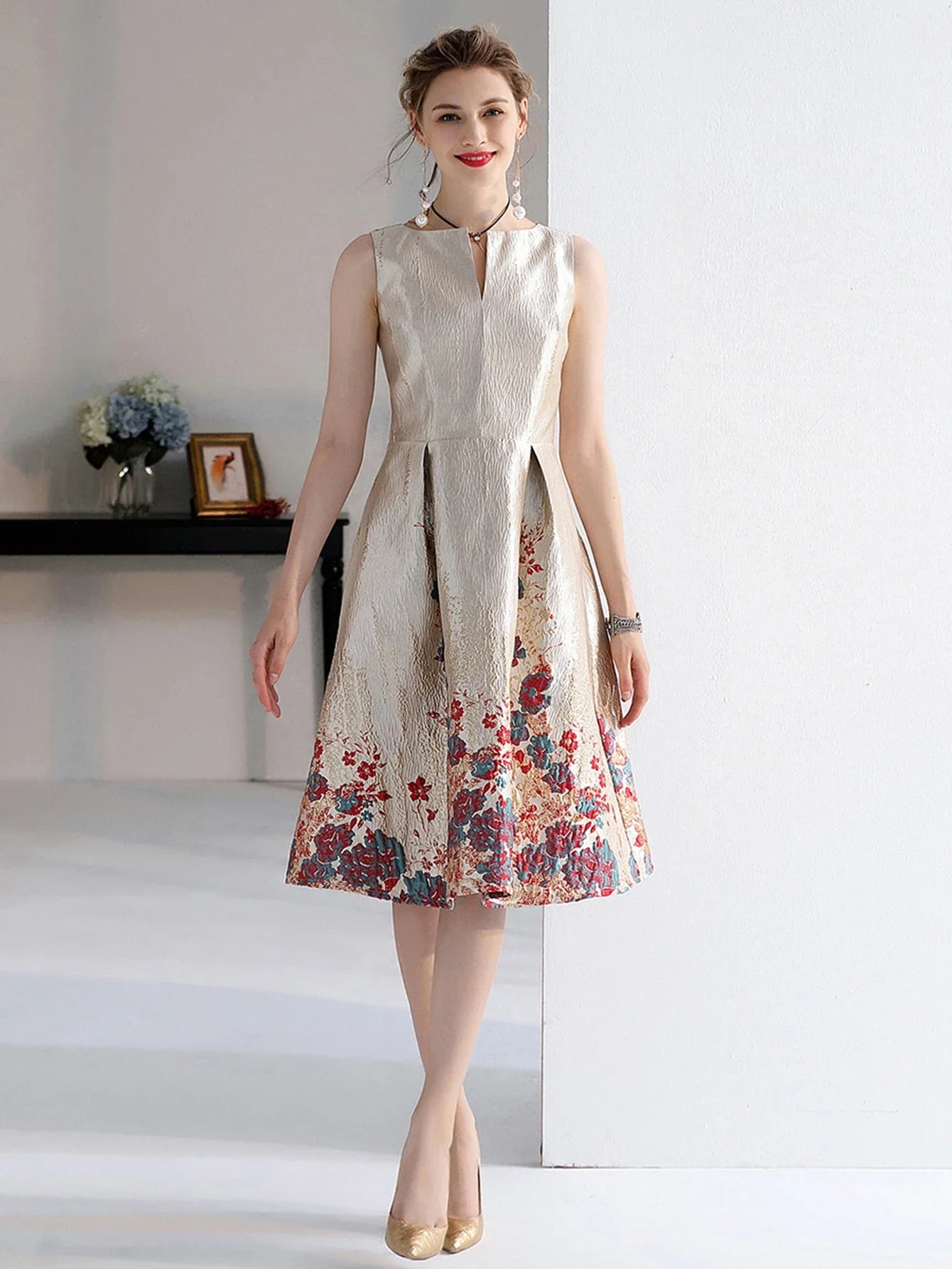 Luxury Women Fashion High Quality Jacquard A Line Ball Gown Sleeveless Summer Casual Clothing Midi Femme Party Dressses
