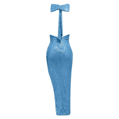 Women's Sequined Long Party Dresses Fashion Solid Color Hanging Neck Round Neck Bow Sleeveless Slit Long Dress Evening Dresses