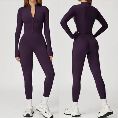 VITALINOVO Women Fleece Lined Workout Jumpsuits Long Sleeve Zip Up Yoga Romper Winter Warm Thermal One Piece Bodycon Bottom Pant