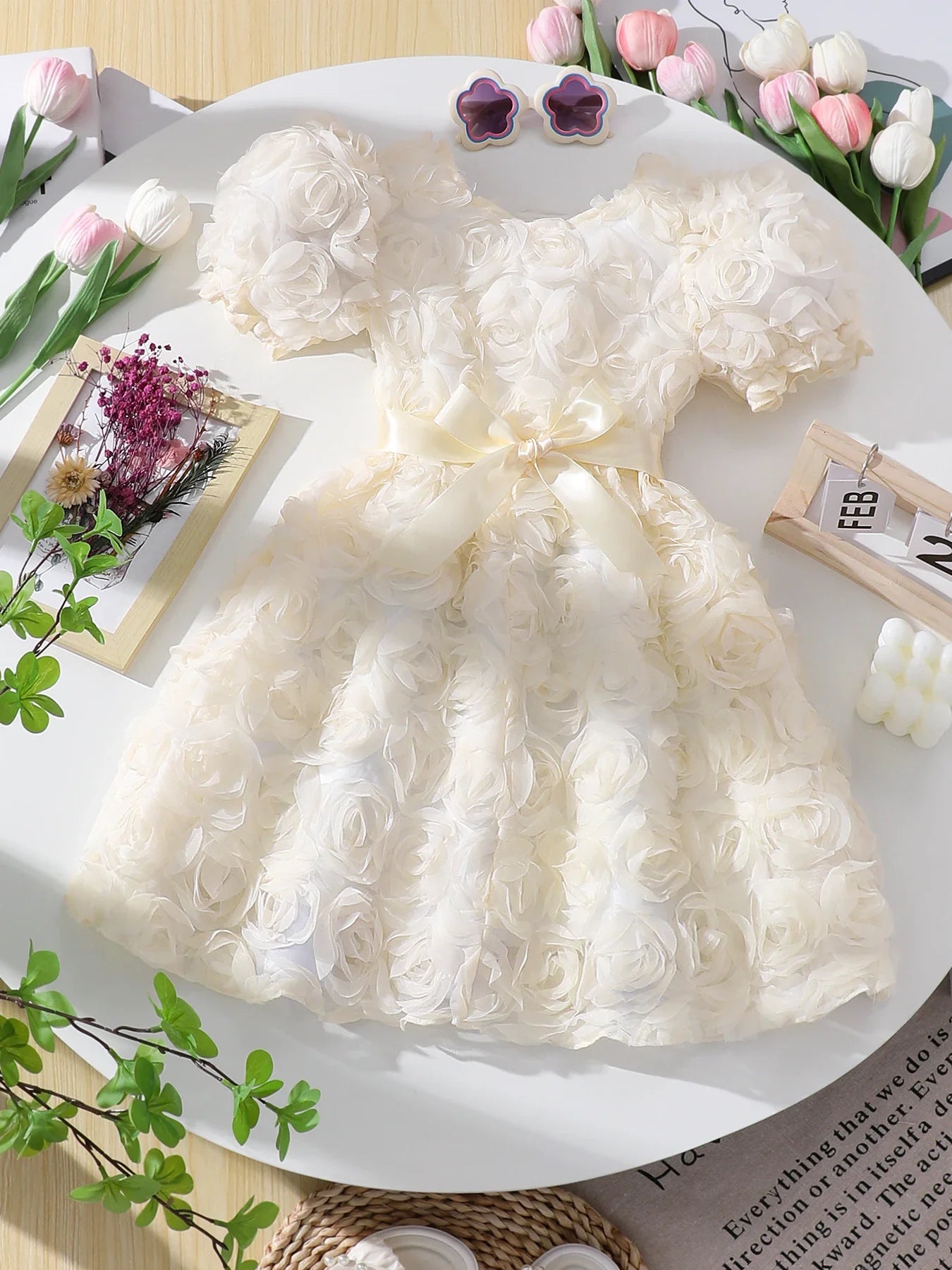 Girl's three-dimensional rose bubble sleeve mesh dress, children's birthday party princess dress, stylish dress