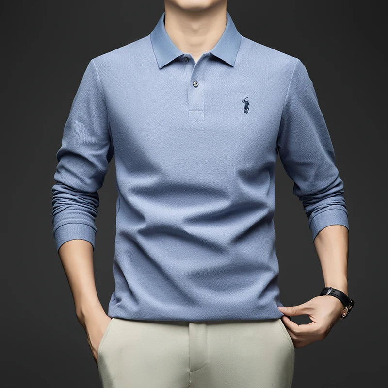 100% Pure Cotton Men's Long Sleeved Polo Shirt, Collar T-shirt, Spring and Autumn Top, No Ironing, Wrinkle Resistant Embroidery