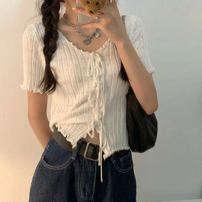 TShirt For Women V-neck Summer Simple Versatile Casual Crop Tops Bandage Ribbed Short Sleeve Women's Top T-Shirt Girl