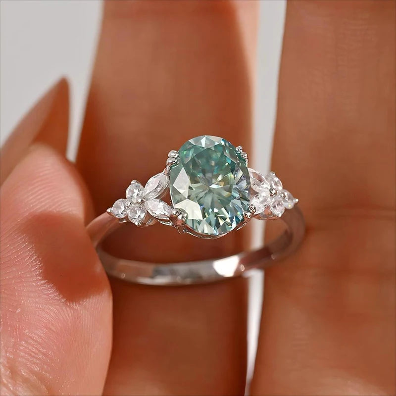 Blue-green 2CT Oval Cut All Moissanite Rings for Women Female Luxury Quality Jewelry S925 Sterling Silver Wedding Band