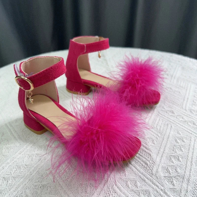 Toddler Girls Sandals Summer Low-heels Children's Sandals Open-toe Princess Fluffy New Versatile Kids Fashion Ankle-strap Shoes