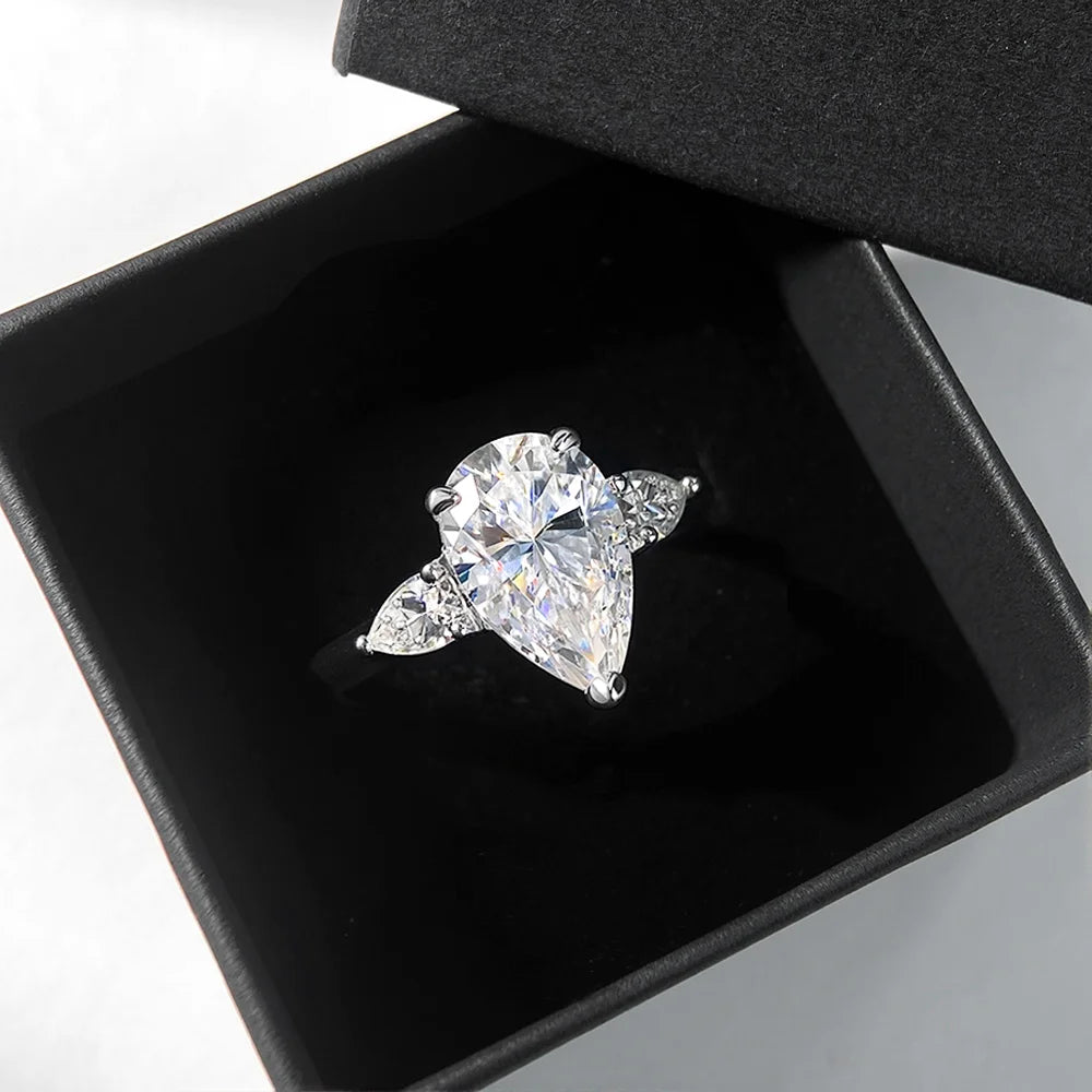 1/2/3/4CT Pear Cut Moissanite 3-stone Ring for Women S925 Silver Sparkling D Waterdrop Diamond Wedding Band Fine Jewelry