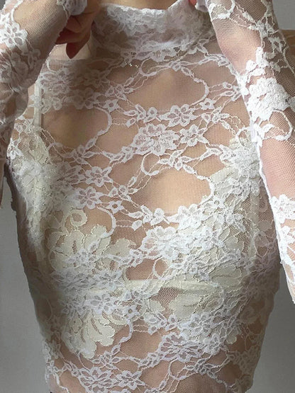 Sexy Lace Blouse Shirts Summer Women Turtleneck Long Sleeve See Through Lace Patchwork Thin Tops