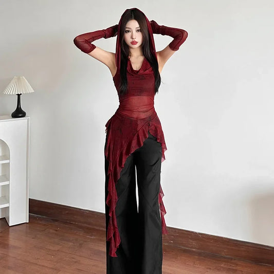 Streetwear 90s Grunge Mesh See Through Hooded Tops Cyber Y2K Irregular Hem Ruffles Hoodie Women Slim Blouse with Cuffs