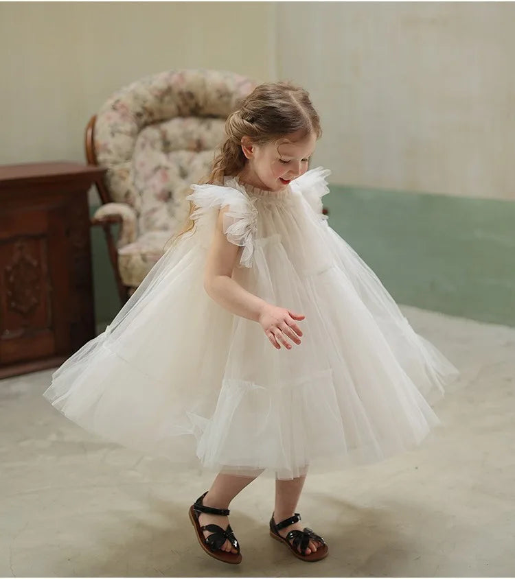 Girls Handmade Splicing Fluffy Gauze Princess Dress Summer New Foreign Dresses Party Dress for Kids Girl