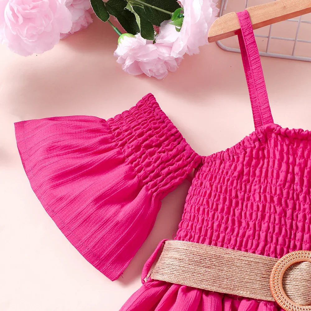 Vestido Feminino de Verão Ombro a Ombro Cinto Cor Sólida