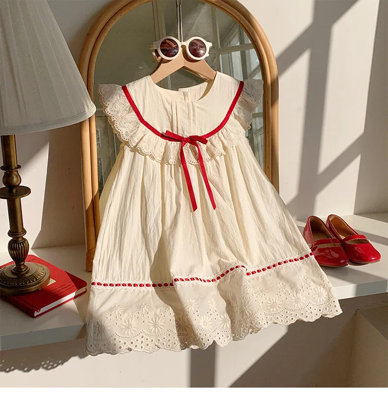 Kid Girl Exquisite Dress Ruffled Lace Collar Trimmed in Red Ribbon Red Dotted Lace Cut Out Embroidery on The Skirt for Children