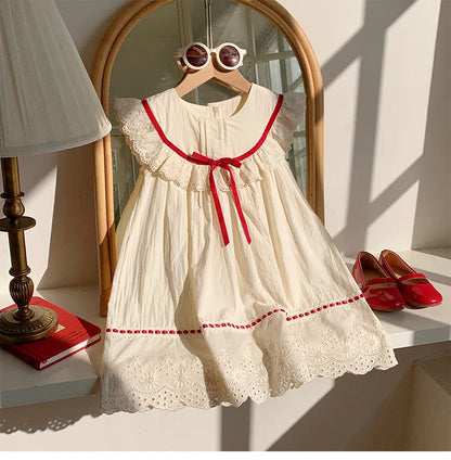 Kid Girl Exquisite Dress Ruffled Lace Collar Trimmed in Red Ribbon Red Dotted Lace Cut Out Embroidery on The Skirt for Children