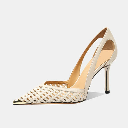 Women Hollow Sandals Elegant Pointed Toe Metal Straps High Heels Shoes Women Elegant Fashion Concise Sandals  Zapatos De Mujer