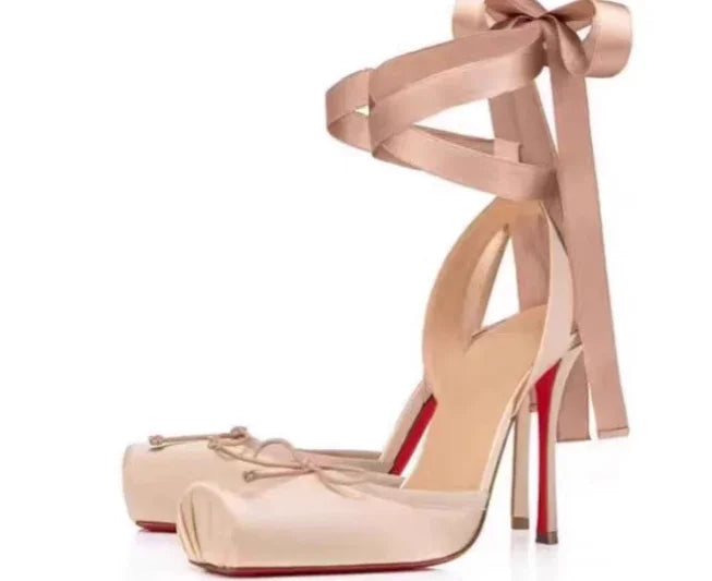 New style high heels with straps, satin toe cover, hollow square bow, thin heel, ballet style single shoes35-46