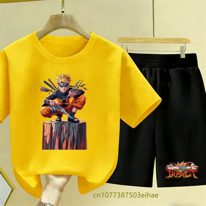 Naruto Leisure Set - Cartoon Print Breathable Children's Short-Sleeved T-Shirt Perfect for Dressing Up with Loose Sports Shorts