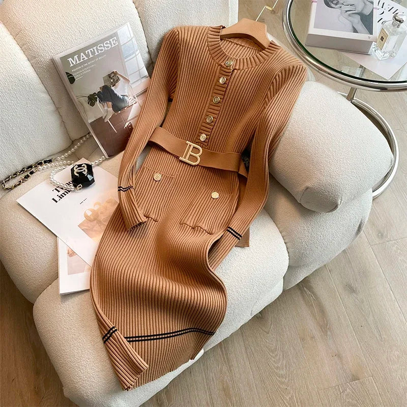 Autumn Winter Women Knitted Dress Brand Fashion O-neck Buttons Bodycon Sweater Dress with Belt Lady Office Dress