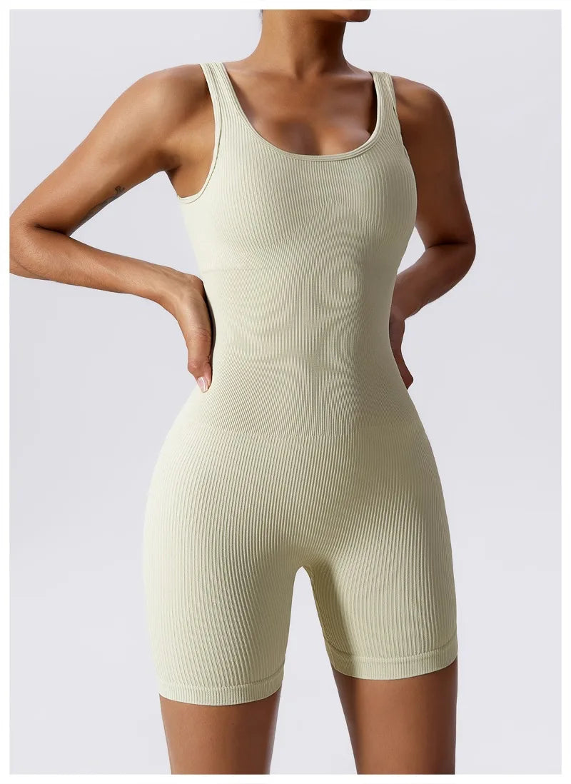Women's Yoga Rompers One Piece Tummy Control Seamless Ribbed Jumpsuit Padded Sports Bra Workout Romper Fashion Fitness Sportwear