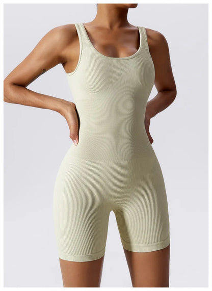 Women's Yoga Rompers One Piece Tummy Control Seamless Ribbed Jumpsuit Padded Sports Bra Workout Romper Fashion Fitness Sportwear