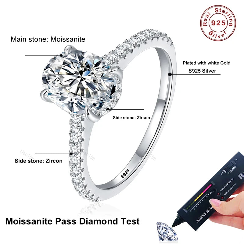 1ct 2ct 3ct Oval Cut Moissanite Rings for Women 925 Sterling Silver Lab Diamond Wedding Engagement Ring Gemstone Band