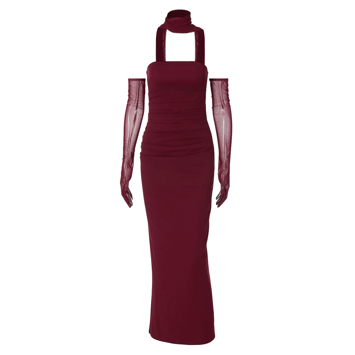 Elegant Scarf Strapless Solid Mesh Gloves Sexy Bodycon Maxi Prom Dress Women Fashion Y2K Outfits Wedding Party Birthday