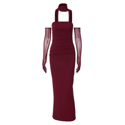 Elegant Scarf Strapless Solid Mesh Gloves Sexy Bodycon Maxi Prom Dress Women Fashion Y2K Outfits Wedding Party Birthday