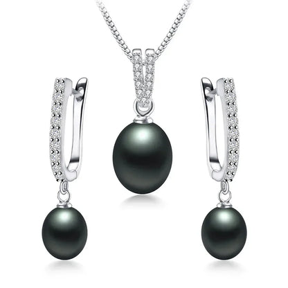 Horseshoe 8-9mm Rice Freshwater Pearl Earrings&Necklaces Jewelry Set for Women 925 Sterling Silver 45cm Pendant Necklace